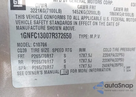 2007 Chevrolet Tahoe Lt from USA, damaged, VIN 1GNFC13007R372650